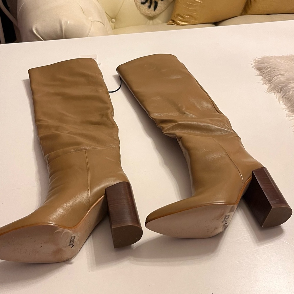 Zara Tan Heeled Boots with Chunky Block Heel